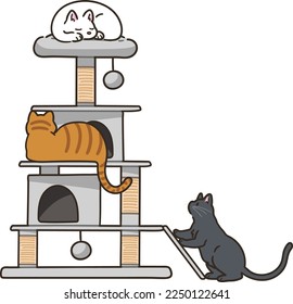 Simple and cute illustration of white cat tower with adorable cats