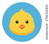 A simple and cute illustration of a yellow chicks face within a blue circle, perfect for icons and graphics.