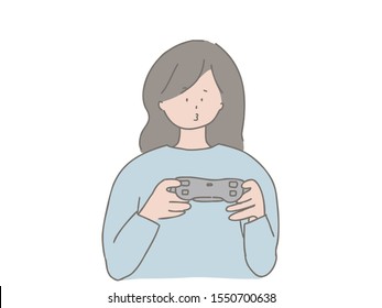 A simple and cute illustration of a young woman playing video games.