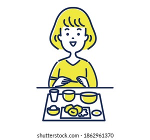 Simple and cute illustration of a young woman eating with a smile