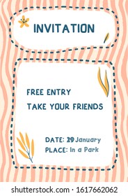 Simple and cute invitation with hand drawn striped white and orange background. Card design with space for text.