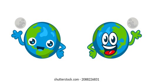 Sencilla Cuta Aislada Feliz Sonriente Globe World Earth Cartoon Characters Con Continentes Y Luna