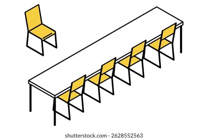 Simple and cute isometric line art illustration of a long desk and chair in an interview room, Vector Illustration