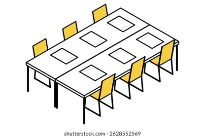 Ilustración de arte de línea isométrica simple y linda de una sala de conferencias con escritorios largos enfrentados, Ilustración vectorial