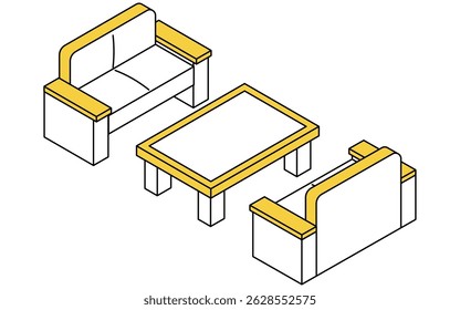 Simple and cute isometric line art illustration of a reception room set with sofa and low table, Vector Illustration