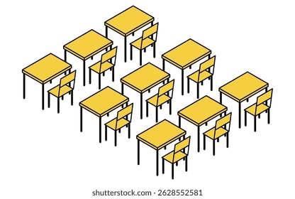 Simple and cute isometric line art of a school classroom with desks and chairs, Vector Illustration