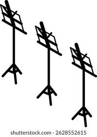Simple and cute isometric line art illustration of three music stands in a row, Vector Illustration