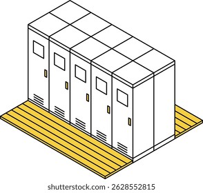 Simple and cute isometric line art illustration of locker rooms and locker rooms lined up back to back, Vector Illustration