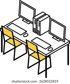 Simple and cute isometric line art illustration of a desk with a row of desktop computers, Vector Illustration