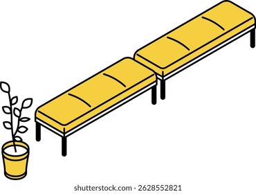 Simple and cute isometric line art illustration of a long line of waiting room chairs and houseplants, Vector Illustration
