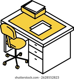 Simple and cute isometric line art illustration of a work desk with papers on it, Vector Illustration
