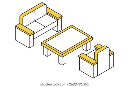 Simple and cute isometric line art illustration of a reception room set with sofa and low table, Vector Illustration