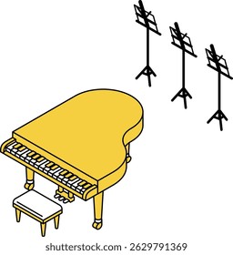 Simple and cute isometric line art illustration of a grand piano and music stand, Vector Illustration
