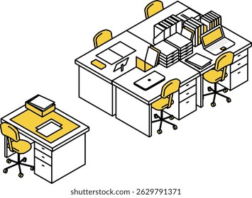 Ilustración isométrica simple y linda del arte de la línea de una oficina con una fila de escritorios, Ilustración vectorial