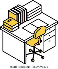 Ilustração de arte de linha isométrica simples e fofa de uma mesa de estudo alinhada com livros, Ilustração de vetor