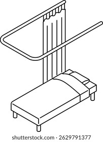 Simple and cute isometric line art illustration of a hospital or infirmary bed with curtains open, Vector Illustration