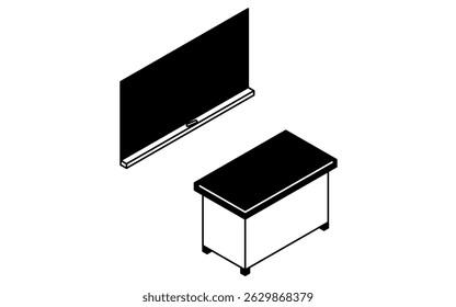 Simple and cute isometric line art of a blackboard and teaching table in a school classroom, Vector Illustration