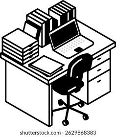Einfache und niedliche isometrische Linien-Illustration eines Schreibtisches voller Laptops, Papiere und Dokumente, Vektorgrafik