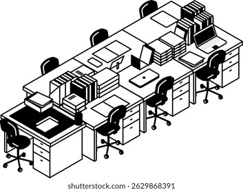 Simple and cute isometric line art illustration of an office with a row of desks, Vector Illustration