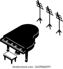 Simple and cute isometric line art illustration of a grand piano and music stand, Vector Illustration