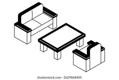 Simples e bonito ilustração de arte de linha isométrica de uma sala de recepção conjunto com sofá e mesa baixa, Ilustração de vetor