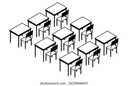 Simple and cute isometric line art of a school classroom with desks and chairs, Vector Illustration