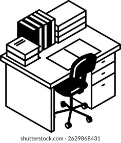 Simple and cute isometric line art illustration of a study desk lined with books, Vector Illustration