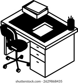 Simple and cute isometric line art illustration of a work desk with papers on it, Vector Illustration