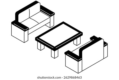 Simple and cute isometric line art illustration of a reception room set with sofa and low table, Vector Illustration
