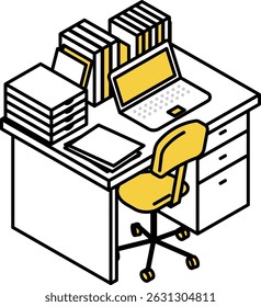 Simple and cute isometric line art illustration of a desk full of laptops, papers and documents, Vector Illustration