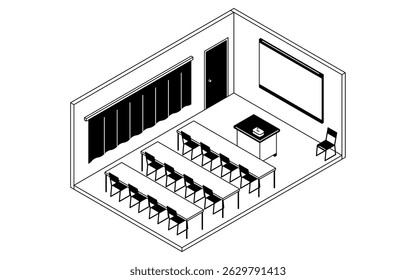 Simple and cute isometric line drawing illustration of a school audiovisual room with a large screen and projector, Vector Illustration