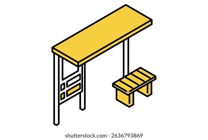 Simple and cute isometric line drawing icons of ride icons and bus shelters, Vector Illustration