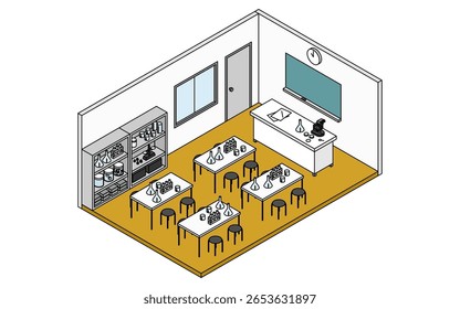 Simple and cute isometric line drawing illustration of a school science lab with science lab equipment, Vector Illustration