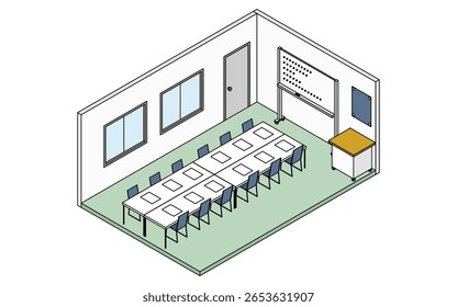 Ilustración isométrica simple y linda del dibujo de la línea de una sala de conferencias de la escuela con la pizarra blanca y los escritorios de conferencia, Ilustración vectorial