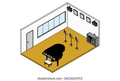 Simple and cute isometric line drawing illustration of a school music room with a grand piano and music stands, Vector Illustration