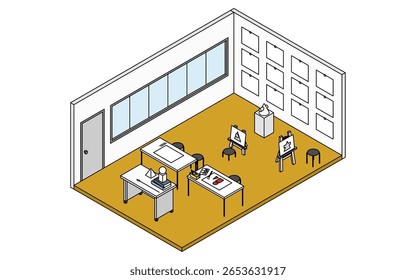 Ilustración isométrica simple y linda del dibujo de la línea de una sala de arte de la escuela que enseña el dibujo geométrico, Ilustración vectorial