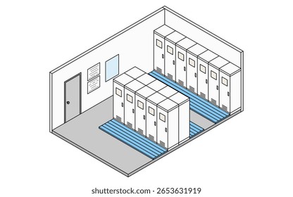 Einfache und niedliche isometrische Linien Zeichnung Illustration eines Schulumkleideraums mit Schließfächern, Vektorgrafik
