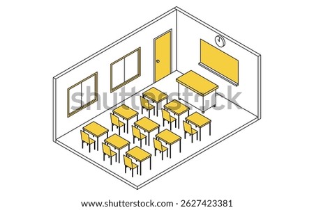 Simple and cute isometric line drawing illustration of a school classroom with blackboard, teaching table, desks and chairs, Vector Illustration