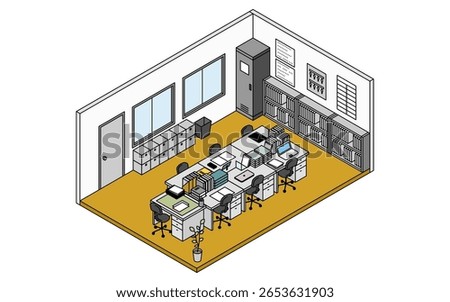 Simple and cute isometric line drawing illustration of a school staff room with teachers' desks, Vector Illustration