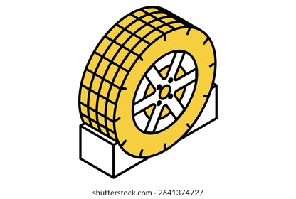 Simple and cute isometric line icon of tire with wheel chock for vehicle safety and maintenance illustration, Vector Illustration