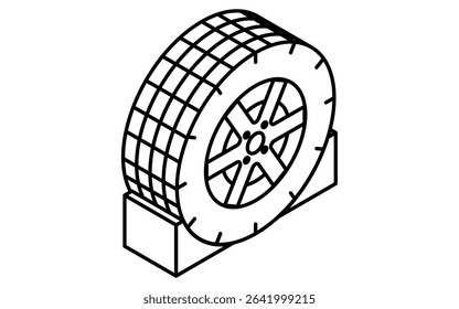 Simple and cute isometric line icon of tire with wheel chock for vehicle safety and maintenance illustration, black and white, Vector Illustration