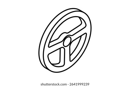 Simple and cute isometric line icon of steering wheel for car control and maintenance illustration, black and white, Vector Illustration