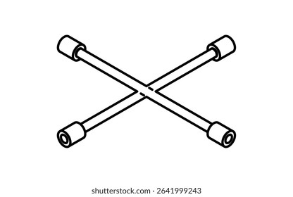 Simple and cute isometric line icon of cross wrench for tire change and car maintenance illustration, black and white, Vector Illustration
