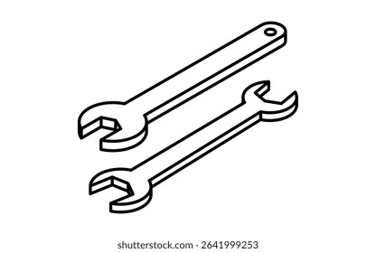 Simple and cute isometric line icon of spanner wrench for automotive maintenance and repair tools illustration, black and white, Vector Illustration