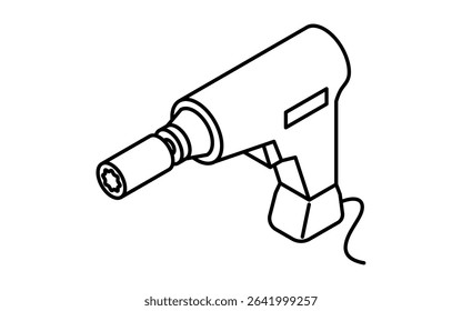 Simple and cute isometric line icon of impact wrench for car maintenance and mechanic tool illustration, black and white, Vector Illustration