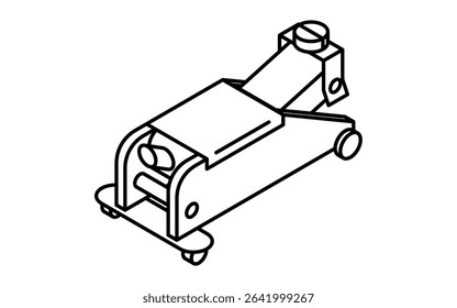 Simple and cute isometric line icon of floor jack for vehicle lifting and car maintenance illustration, black and white, Vector Illustration