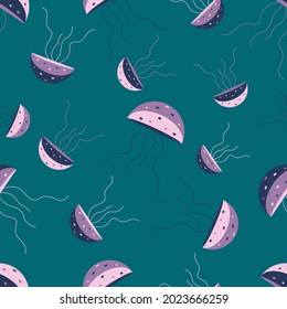 Simple cute Jellyfish seamless pattern made in dark and bright colors. Pattern for fabric, background, design elements made in vector.