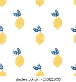 Simple cute lemons on white background, seamless vector pattern.