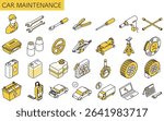 Simple and cute line drawing icon of automobile maintenance, isometric, Illustration set for periodic inspections such as tire and oil changes, Vector Illustration