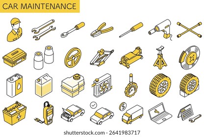 Simple and cute line drawing icon of automobile maintenance, isometric, Illustration set for periodic inspections such as tire and oil changes, Vector Illustration
